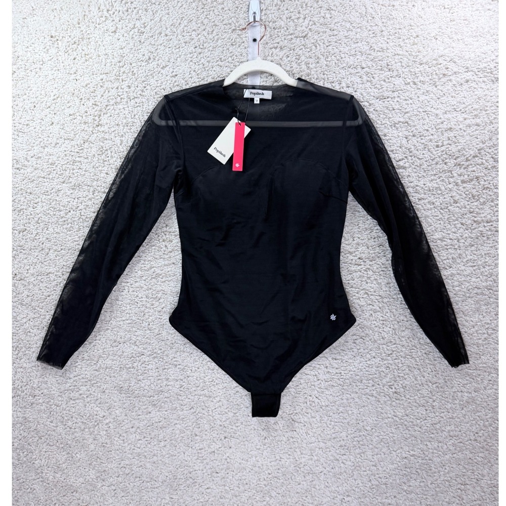 Womens M Popilush Bodysuit Black Sheer Mesh Long Sleeve Slim Fit Y2K Night Out